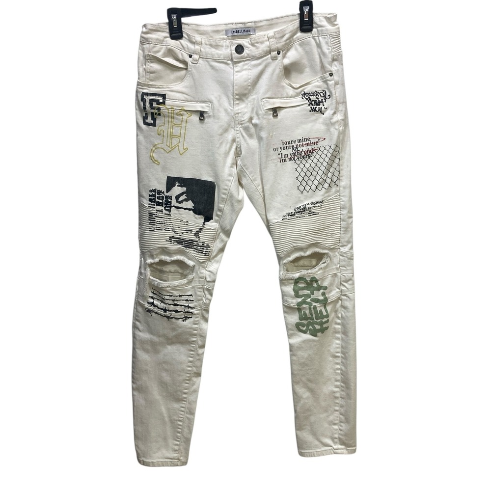 EMBELLISH Mens White Graphic Distressed Skinny Jeans Size 32 Hipster Rockabilly